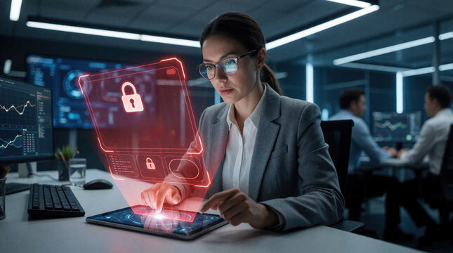 Female cyber security analyst works at modern office desk with tablet device. Holographic red lock icon, digital interface project above screen. Professional woman scan data protect network from zero