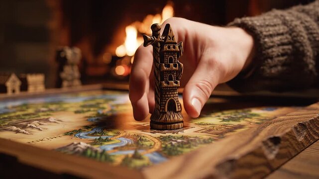 Hand Placing A Wooden Fantasy Tower Game Piece On An Illustrated Map Board Game In A Cozy Living Room With A Fireplace Background