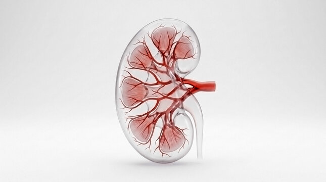 Detailed 3D anatomical view of a cross-section of a human kidney with vascular system kidney anatomy renal system medical illus