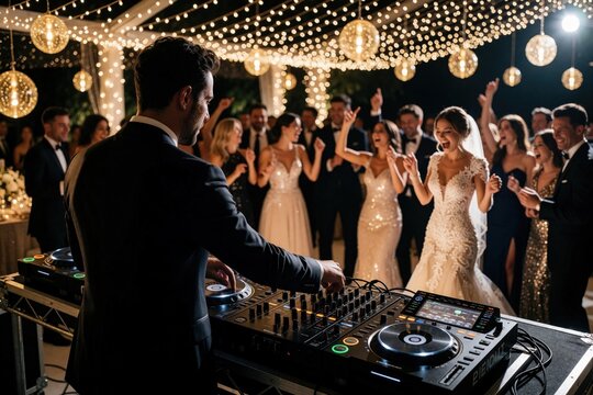 Male DJ plays music at wedding reception party. Happy guests dance under glowing fairy lights in luxury banquet hall. Bride, groom celebrate with friends at night event. People enjoy fun nightlife