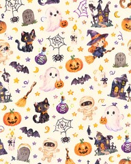 Obraz premium Cute Pastel Halloween Seamless Pattern with Hand Painted Spooky Characters. llustrated in a playful childlike watercolor style.