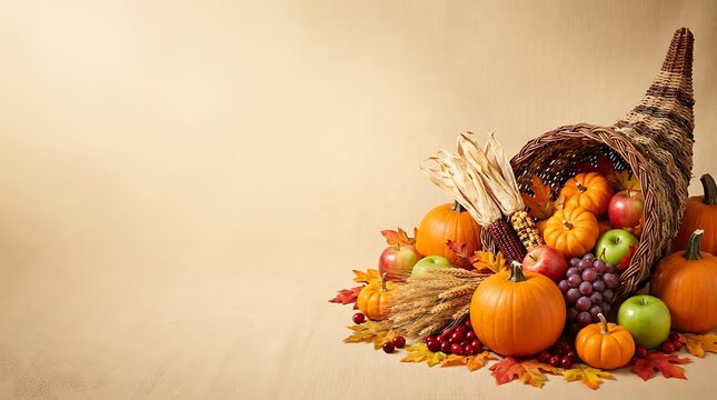 Abundant cornucopia overflowing with autumn harvest fruits and vegetables against neutral background