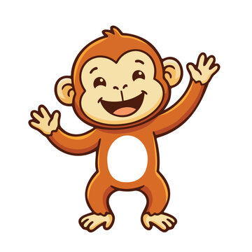 Cheerful orange cartoon monkey character with raised arms in a friendly greeting pose, cute smiling primate mascot isolated on white background for kids education and jungle animal designs.