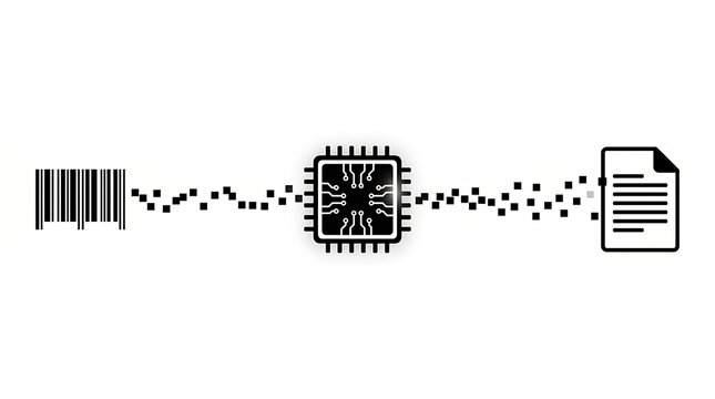 Barcode data processing through microchip to digital document icon