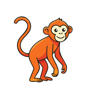 Cheerful orange cartoon monkey character standing playfully with a long curved tail, isolated on a white background. Cute vector illustration of a happy primate mascot for children and design.