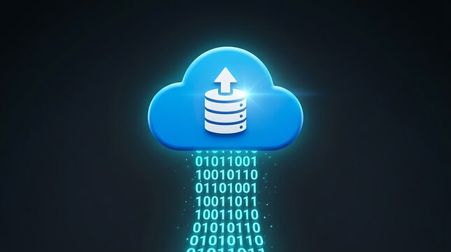 Blue cloud icon with database and binary data stream