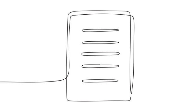 Continuous single line drawing of a simple document paper icon with horizontal lines for text or list structure
