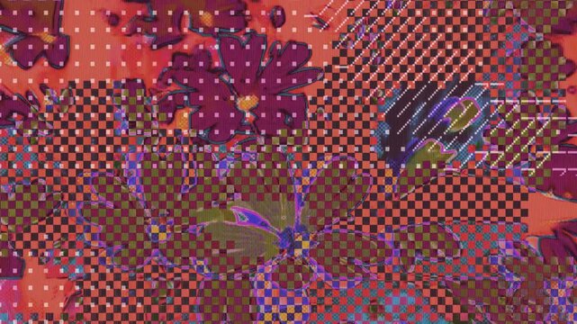Abstract magenta and green floral glitch background with pixelated textures and scanline distortion flickering. Pairs with a psychedelic music video transition, psychedelic album.