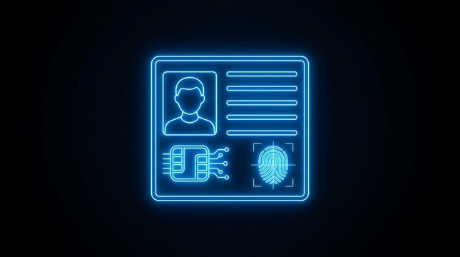 Blue neon identity card icon with fingerprint and microchip