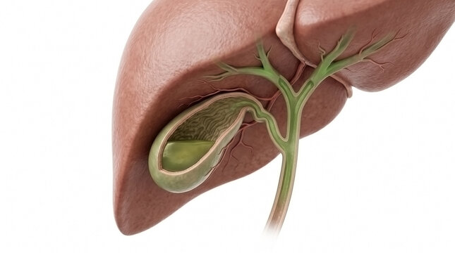 Anatomical view of human liver and gallbladder showing biliary duct connection with gallbladder illustration digestive medicine