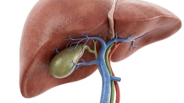 Anatomical view of human liver and gallbladder with connecting biliary duct system digestive system medical illustration