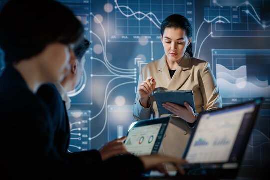 Confident Businesswoman Presenting Data Science Insights with Futuristic Network Visualization