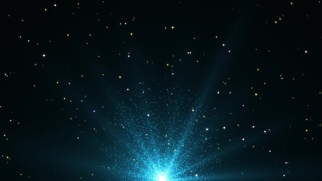 Glowing blue star particles rising in a spotlight beam on dark background, bright cyan light beam illuminating glittering star particles, fairy dust motion backdrop 4k seamless loop