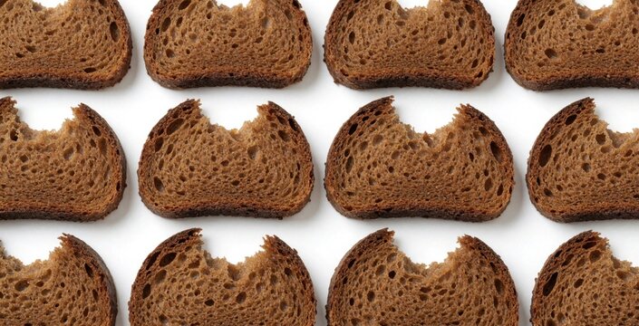 Collection of bitten brown bread slices on white background. Many pieces of rye loaf show bite marks from eating. Set of dark whole grain bakery products arranged in rows. Healthy breakfast food