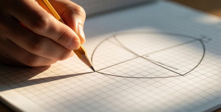 Close up of hand drawing mathematical curve on grid graph paper with yellow pencil. Person sketching geometry shape, parabola ellipse for science, math, study engineering project. Creative workspace