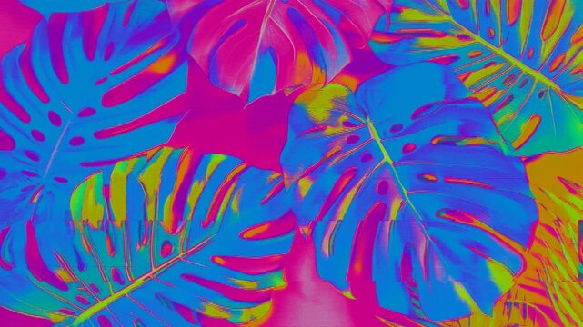 Abstract neon pink and blue monstera leaf glitch background with scanline distortion and thermal RGB split pulsing on a seamless loop. Suits a retrofuturism branding transition and synthwave music.