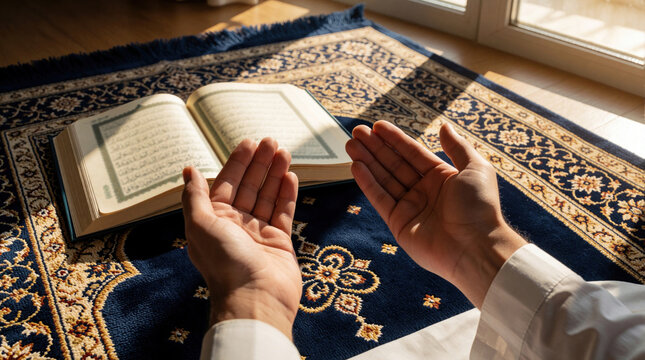 Person praying with open hands above open Quran book on patterned carpet. Muslim worshipper seeking divine guidance and blessings during daily prayer. Religious devotion and spiritual faith concept.