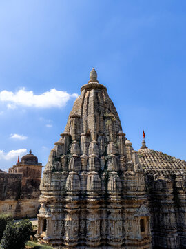 Ancient carved stone shikhara of Samadhisvara Temple at Chittorgarh Fort, Rajasthan, India