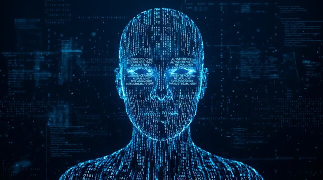 Artificial intelligence human head with blue binary code