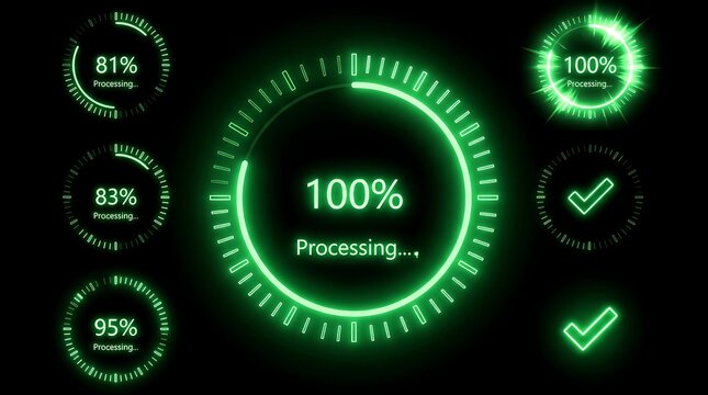 Neon green digital loading circle and progress bar set