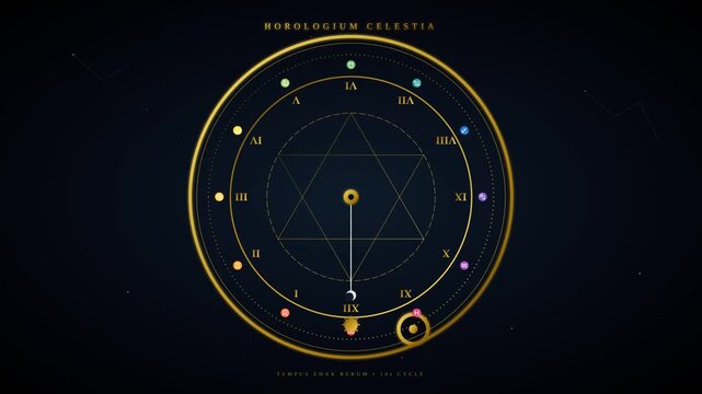 Celestial Clock Animation Featuring Golden Mechanical Orbs and Rotating Star Map Background Graphic