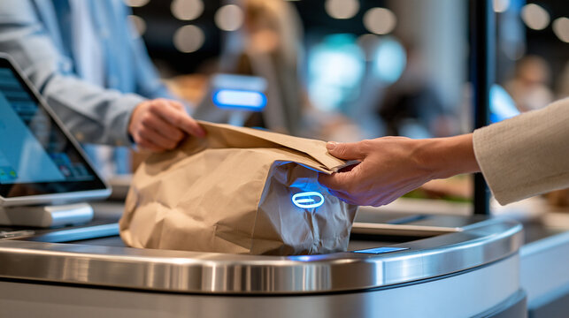 Close-up of a self-checkout weight sensor light blinking as an item is placed in the bagging area, soft ambient store lighting, modern retail tech detail