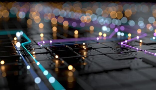 Gros plan d'un circuit imprim&eacute; futuriste lumineux, fond abstrait pour concepts technologiques, cybers&eacute;curit&eacute; et intelligence artificielle
