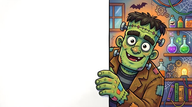 Frankenstein s monster curiously peeks from behind a cluttered laboratory filled with beakers and colorful