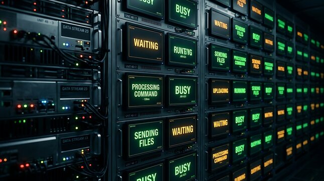 Server racks with glowing digital status displays