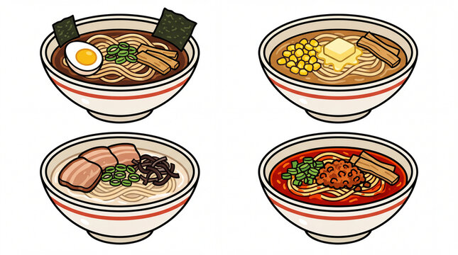 Variety of ramen noodle bowls set featuring japanese cuisine