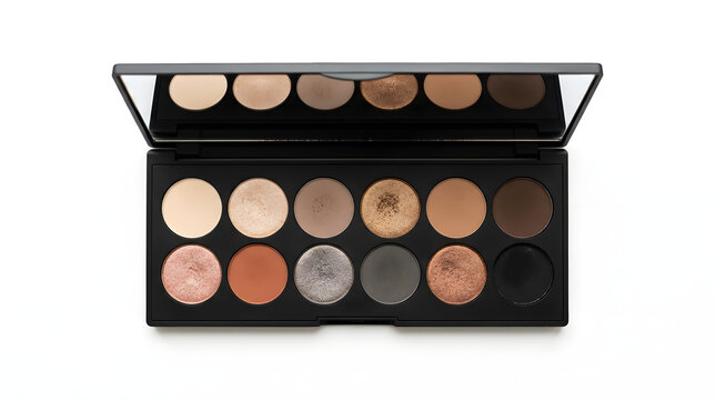 Luxurious professional makeup eyeshadow palette featuring a versatile selection of twelve neutral matte and shimmering metallic shades arranged in a sleek dark case on a minimalist white background