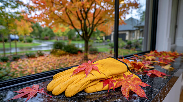Pair of protective work gloves placed on a dark marble windowsill in a modern home, rainy autumn landscape beyond the window with colorful trees and wet fallen leaves, gardening preparation and seas