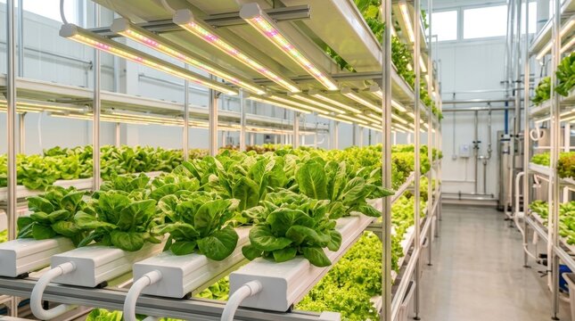 Rows of fresh green lettuce growing in a modern vertical hydroponic farm illuminated by bright LED lights