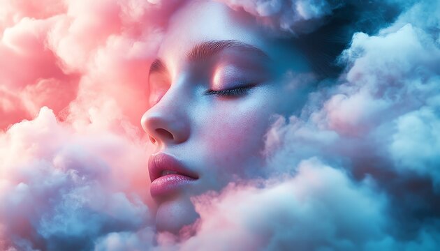 Ethereal face blending with pastel clouds, creating a dreamy and surreal atmosphere
