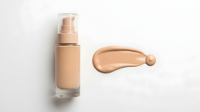 Liquid foundation glass bottle with a pump dispenser accompanied by a smooth swatch of beige makeup cream on a clean white background representing professional beauty and skincare cosmetics