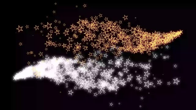 Golden and white glitter stars flying across animated twinkle particles, glowing fairy dust trails, cartoon sparkle doodles and radiant 2D light effects black screen background, 4K