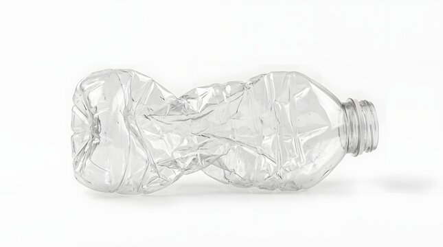 An empty transparent plastic water bottle lies crushed and contorted horizontally against a clean white background  revealing creases and folds in the material