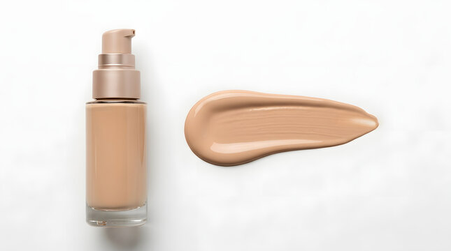 Liquid foundation glass bottle with a pump dispenser accompanied by a smooth swatch of beige makeup cream on a clean white background representing professional beauty and skincare cosmetics