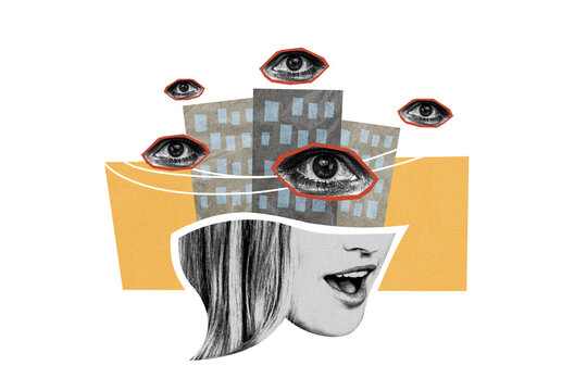 Creative collage picture young girl face fragment building apartment real estate accommodation eyes vision confidentiality superintend