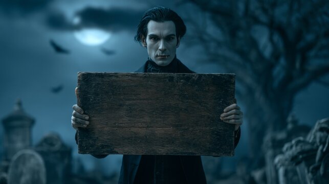 A vampire holding an empty wooden sign in a cemetery at night, with the moon and dead trees in the background.