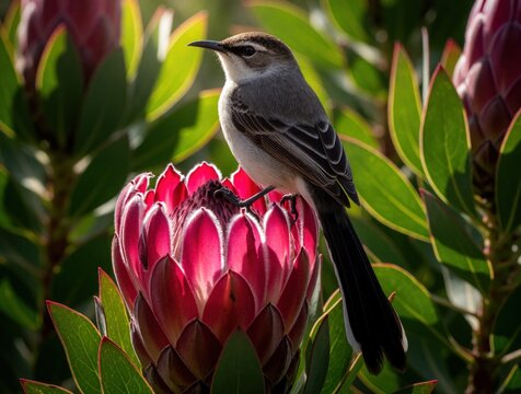 Cape Sugar bird sits on large pink protea flower. Small avian with long tail rests on blooming king protea plant in garden. Wild bird seeks nectar in tropical South Africa nature. Beautiful wildlife