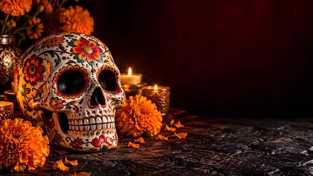 Decorated sugar skull with marigolds and candles, Day of the Dead scene with copy space