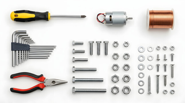 Professional high precision brushless electric motor with a small screwdriver placed neatly on a clean bright white background showcasing modern mechanomics engineering technology hardware and industr