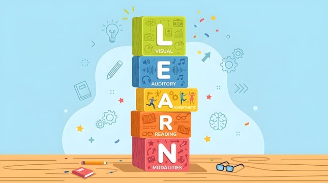 Learn modalities stack blocks visual auditory kinesthetic reading educational concept illustration vector