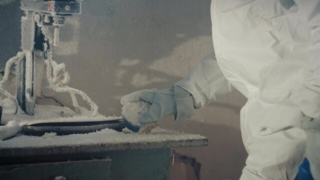 White microbiologist inspects fragile frozen specimen under headlamp, closeup of gloved hand holding circular iceencased object, careful study of texture and anomalies, tense mood of postapocalyptic