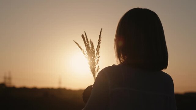Silhouette of child holding wheat stalks against sunset sky creating lens flare effect.