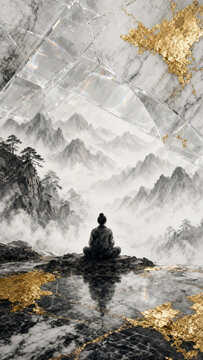 Zen meditation in misty mountains with golden kintsugi ink wash painting style