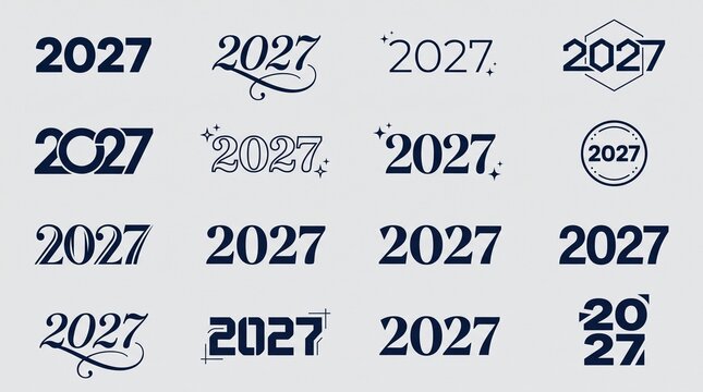 Happy New Year 2027 typography set vector illustration featuring modern calligraphic numeric logos isolated on light background for festive branding banner design.   