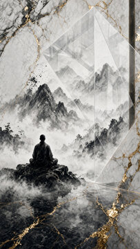Zen meditation in misty mountains with golden kintsugi ink wash painting style