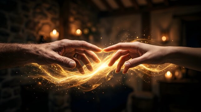 Hands touching creating glowing energy bridge between people representing connection and unity in digital art